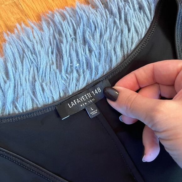 Lafayette 148 New York Navy Fluid Viscose Crepe Dress & Cardigan Set Size L - Picture 9 of 12